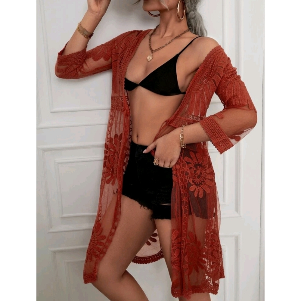 Red Boho Tie Front Mesh Embroidered Kimono - Picture 3 of 10